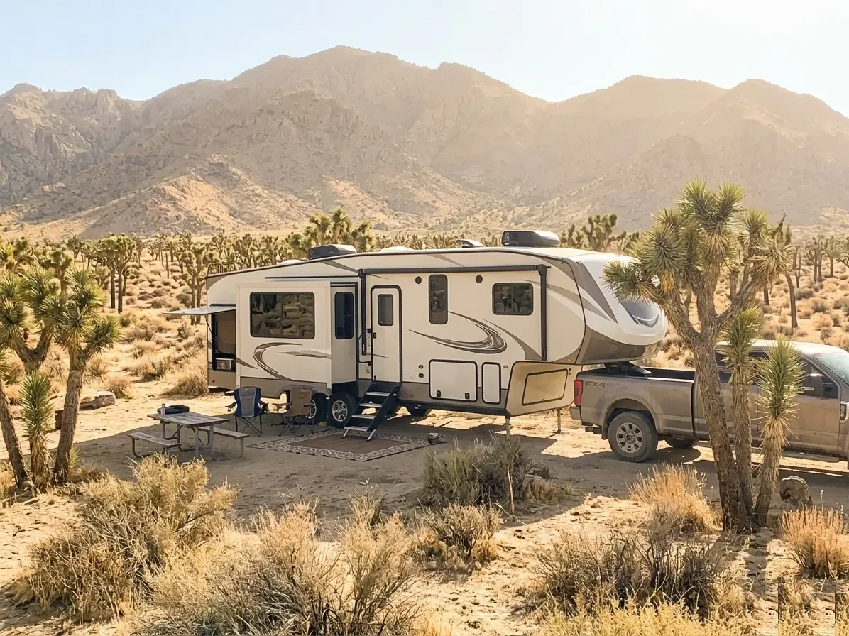 Fifth wheel RV parked at a desert campsite near San Bernardino with Joshua trees and Inland Empire mountains in the background