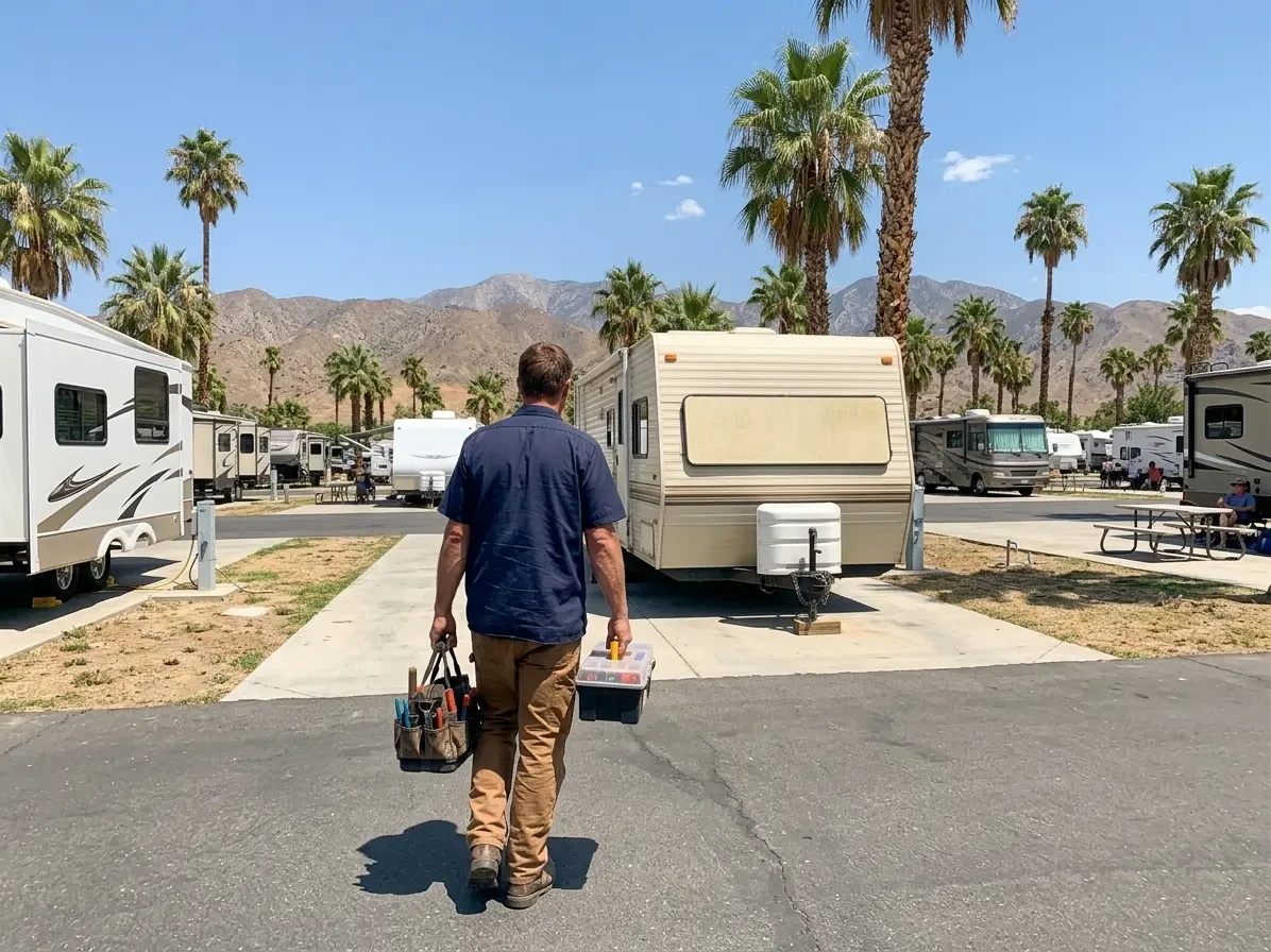 Mobile RV repair technician carrying tools walking through an RV park in the San Bernardino Inland Empire area with palm trees and mountains